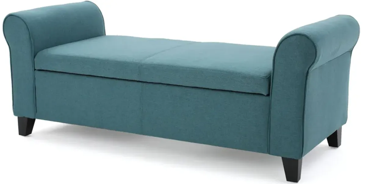 Shawn Storage Bench, 50 Inch, Rolled Arms, Solid Wood, Dark Teal Blue - Benzara