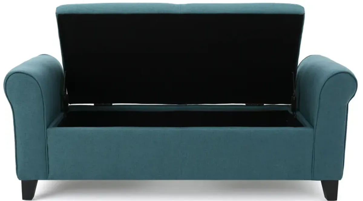 Shawn Storage Bench, 50 Inch, Rolled Arms, Solid Wood, Dark Teal Blue - Benzara