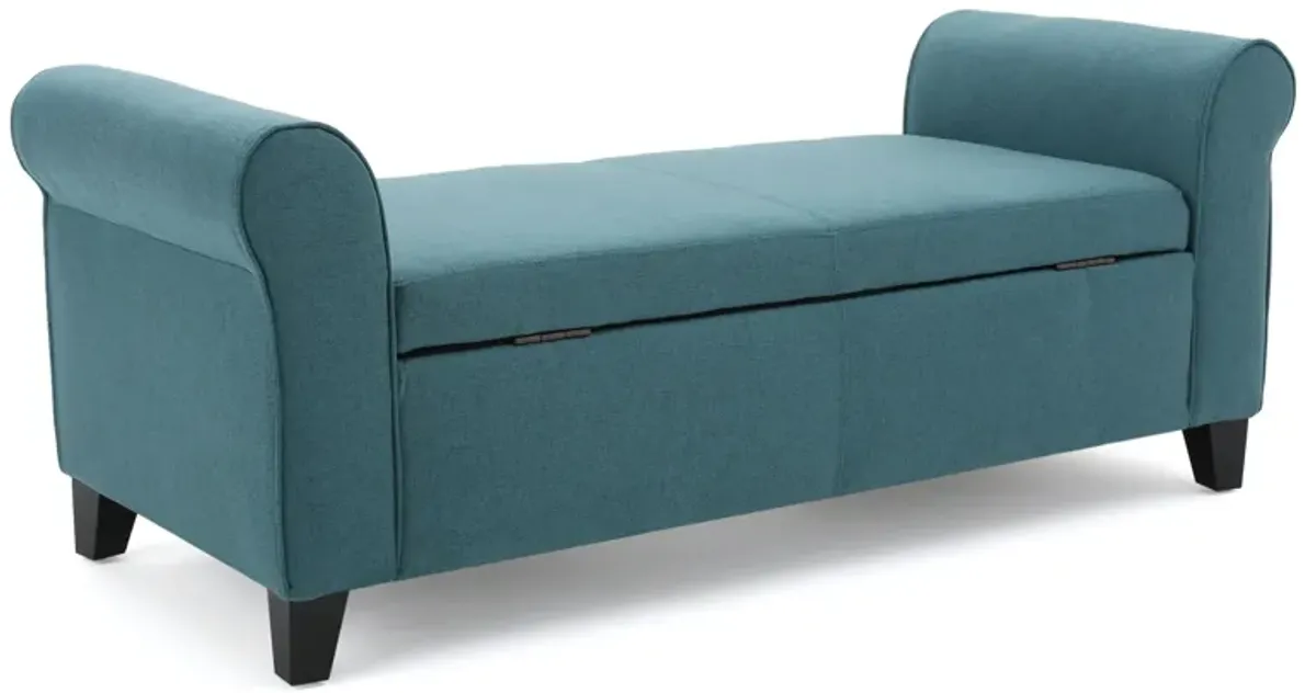 Shawn Storage Bench, 50 Inch, Rolled Arms, Solid Wood, Dark Teal Blue - Benzara