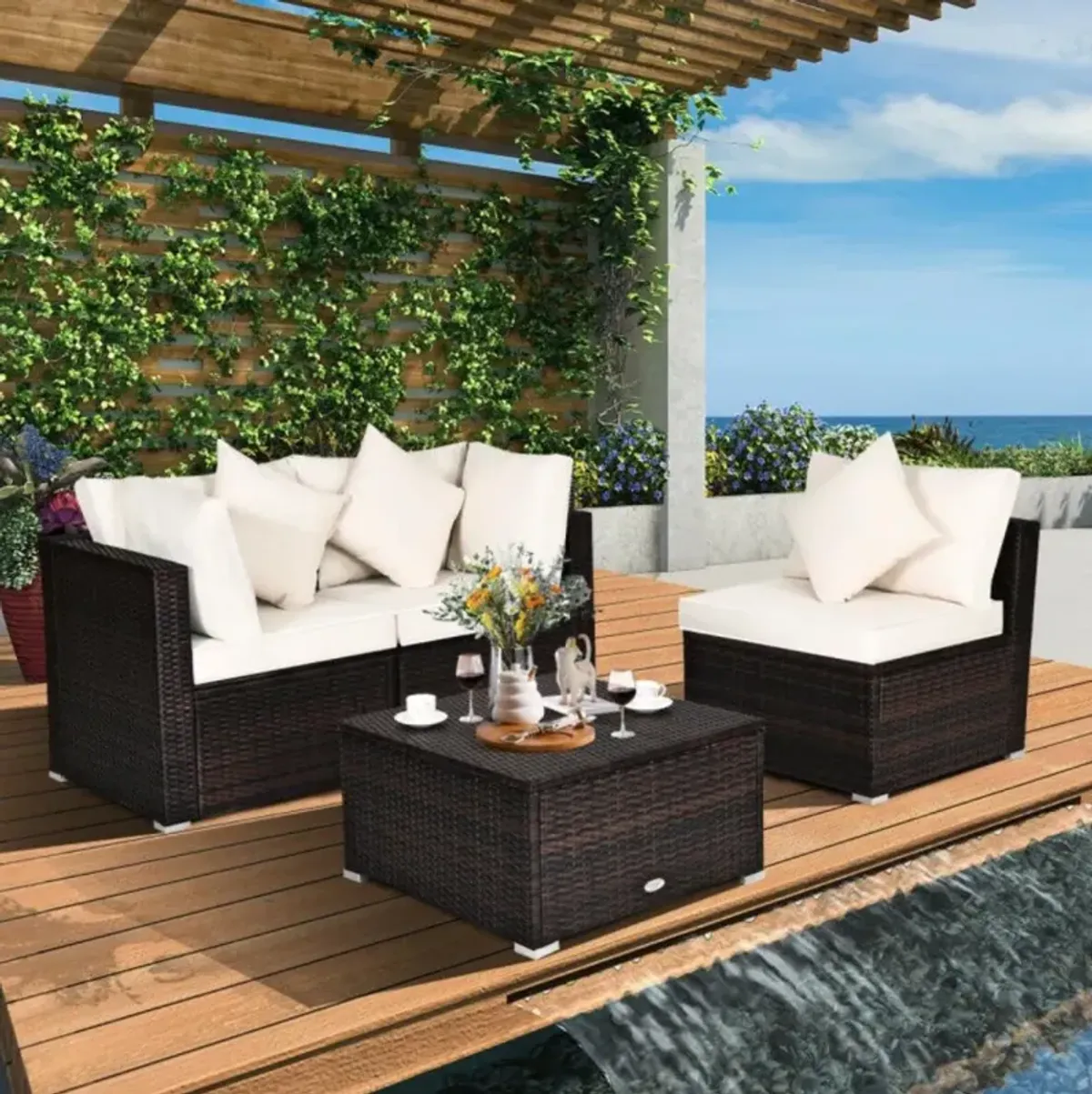 Hivvago 4 Pieces Patio Rattan Furniture Set with Removable Cushions and Pillows