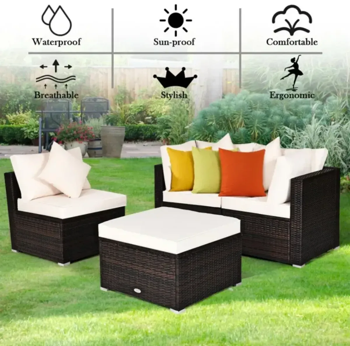 Hivvago 4 Pieces Patio Rattan Furniture Set with Removable Cushions and Pillows