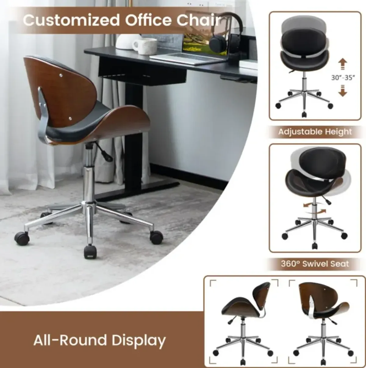 Hivvago Adjustable Leather Office Chair Swivel Bentwood Desk Chair with Curved Seat