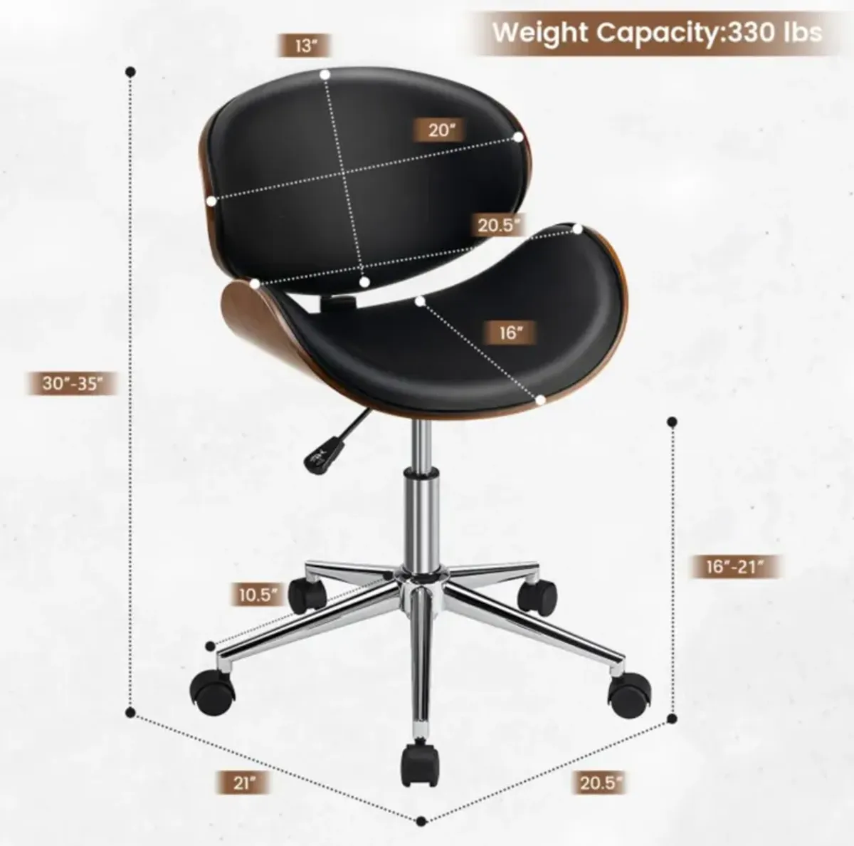 Hivvago Adjustable Leather Office Chair Swivel Bentwood Desk Chair with Curved Seat