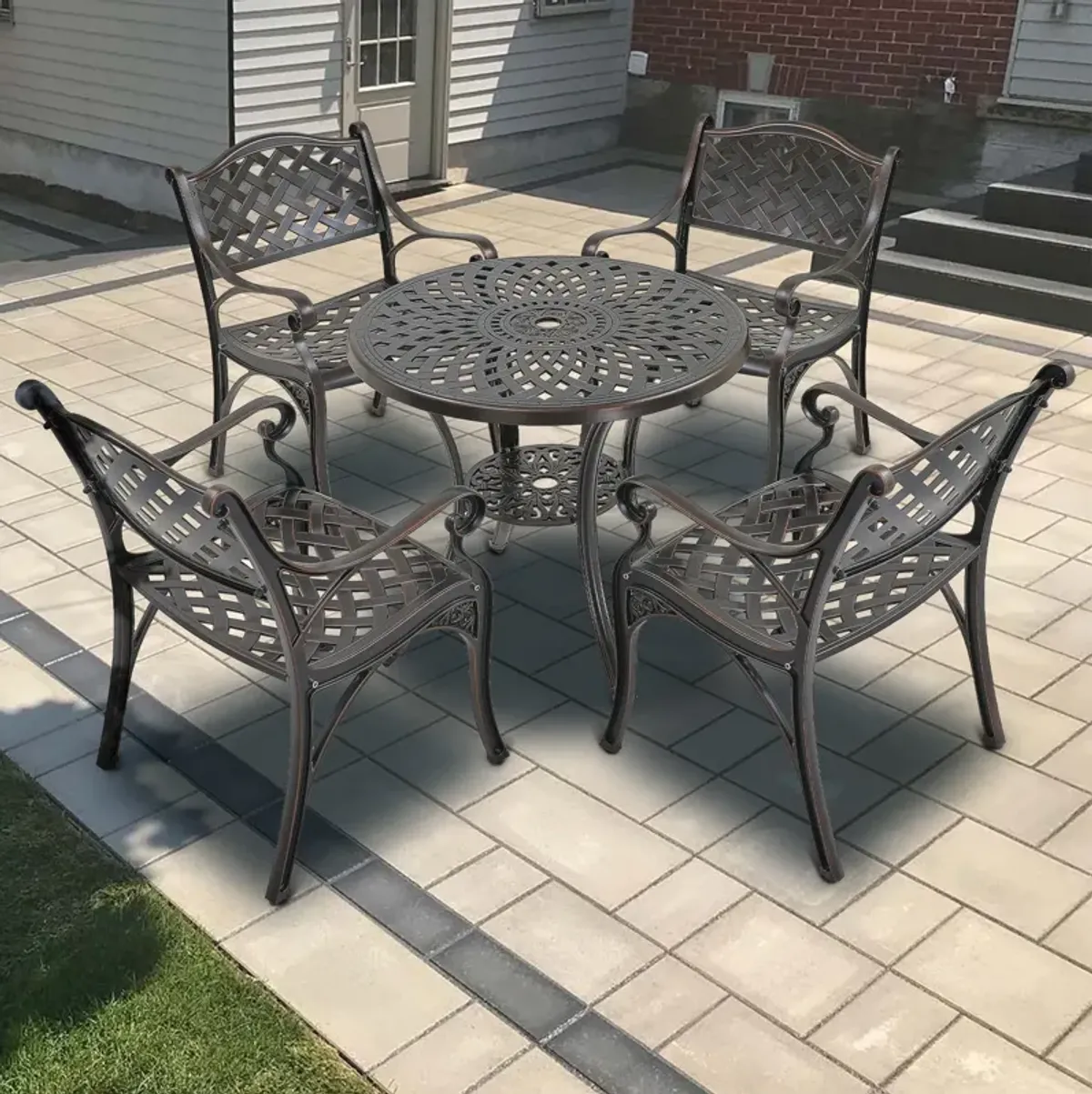 MONDAWE 5-Piece Cast Aluminum Outdoor Dining Set, Piece Chair and Round Table with Umbrella Hole