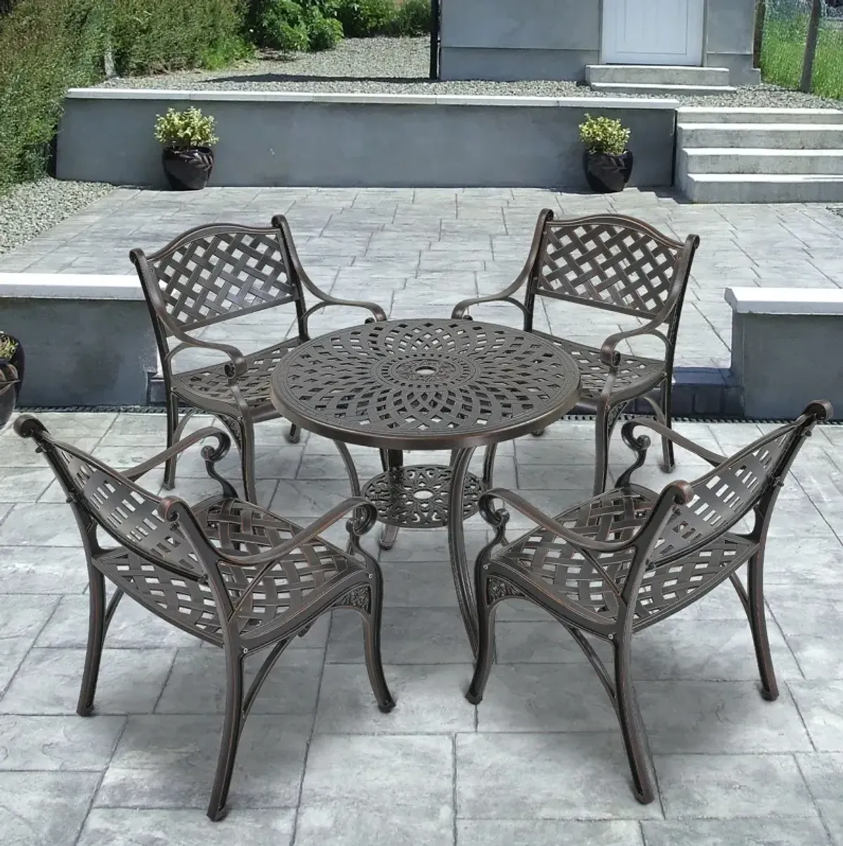 MONDAWE 5-Piece Cast Aluminum Outdoor Dining Set, Piece Chair and Round Table with Umbrella Hole