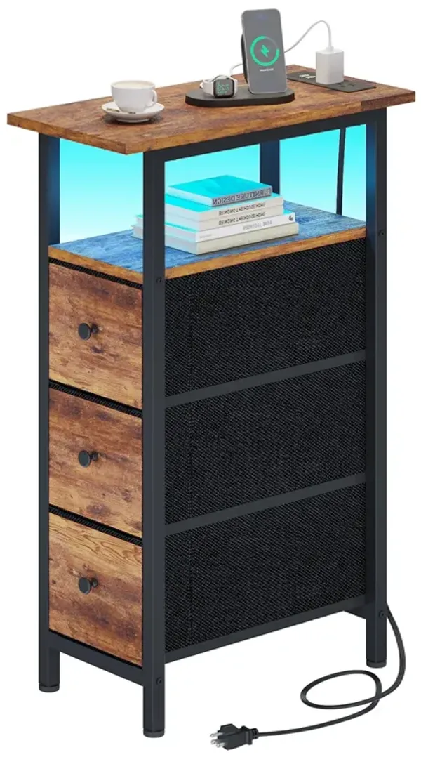 TRIFEBLE End Table with Charging Station, Narrow Side Table with 3 Fabric Drawers, Skinny Nightstand with LED Light, Slim Bedsid