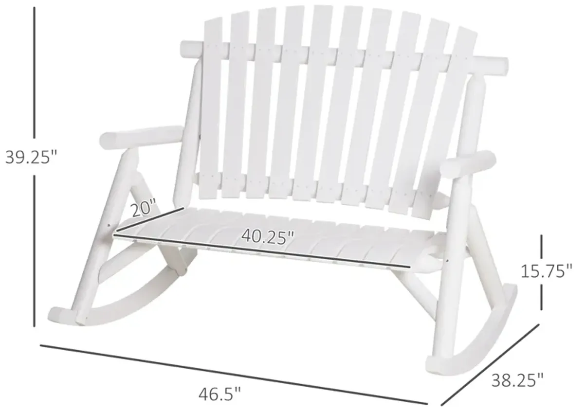 White Garden Duo: 2-Person Wooden Rocking Bench with Slatted Design