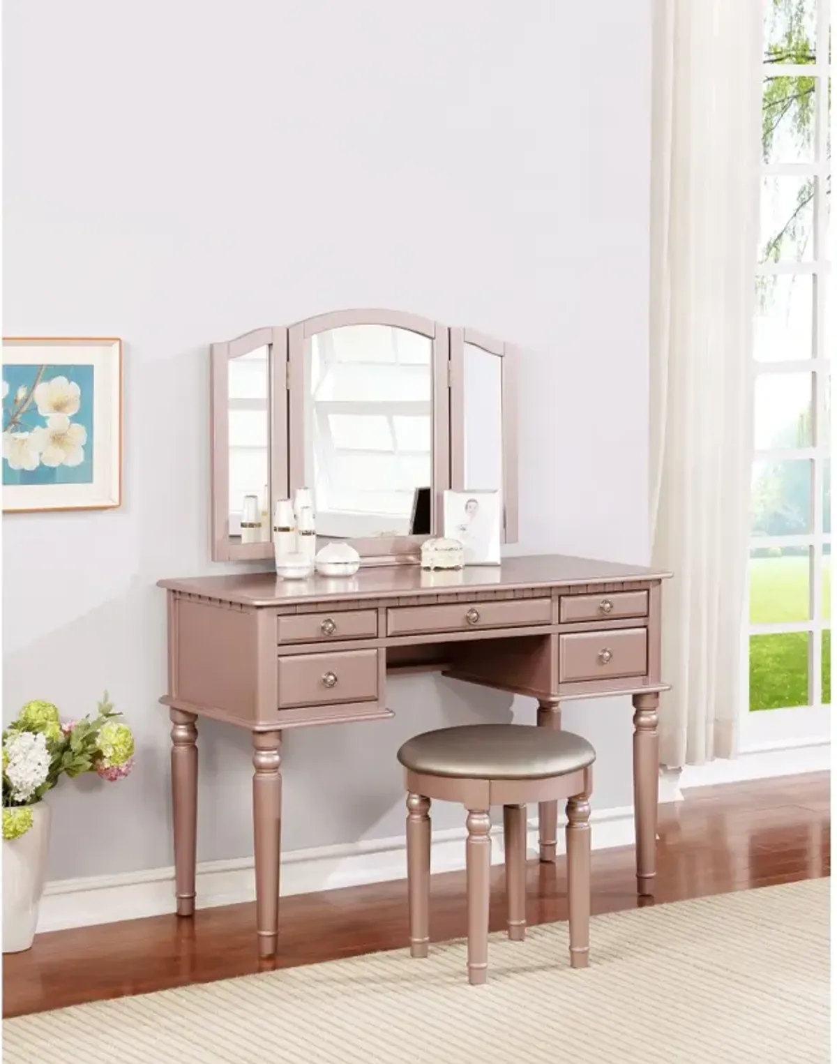 Bedroom Contemporary Vanity Set W Foldable Mirror Stool Drawers Rose Color