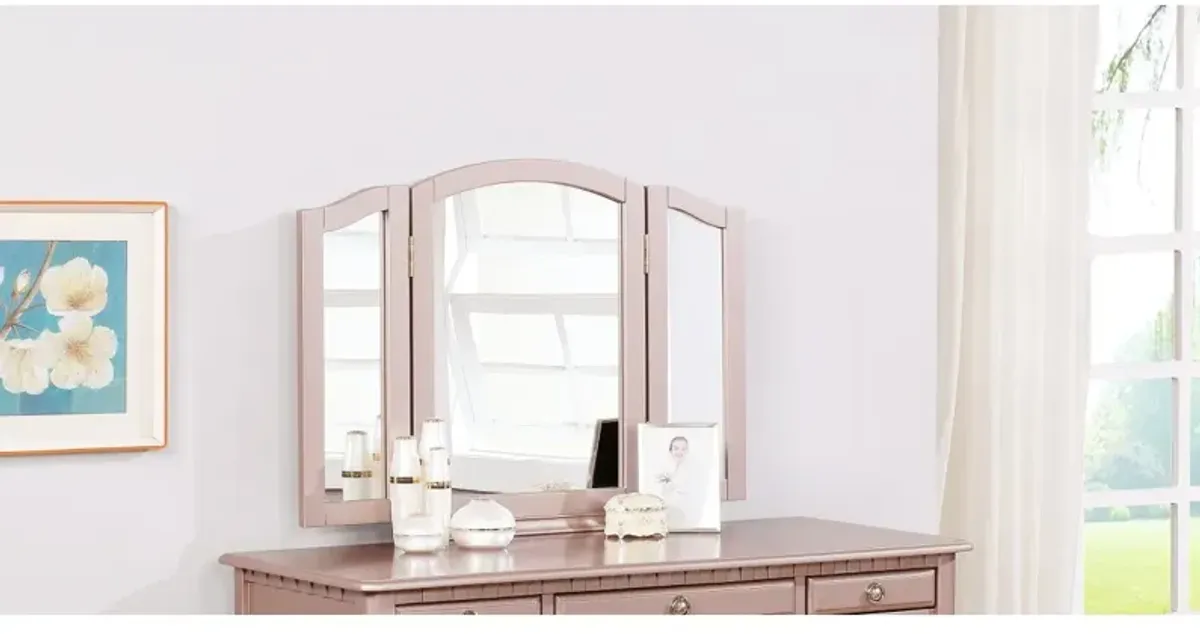 Bedroom Contemporary Vanity Set W Foldable Mirror Stool Drawers Rose Color