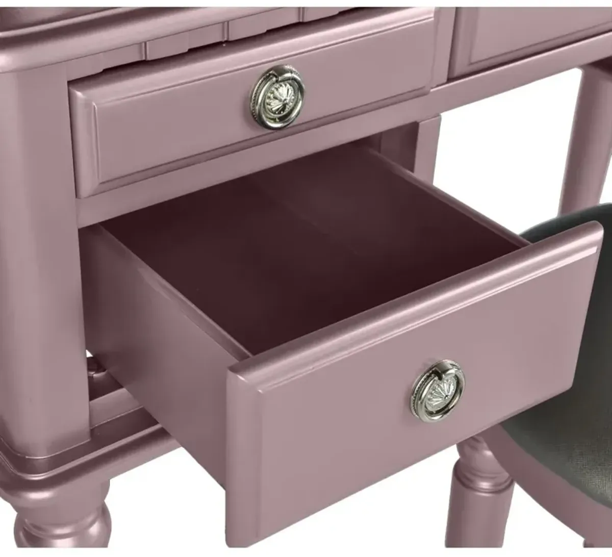 Bedroom Contemporary Vanity Set W Foldable Mirror Stool Drawers Rose Color