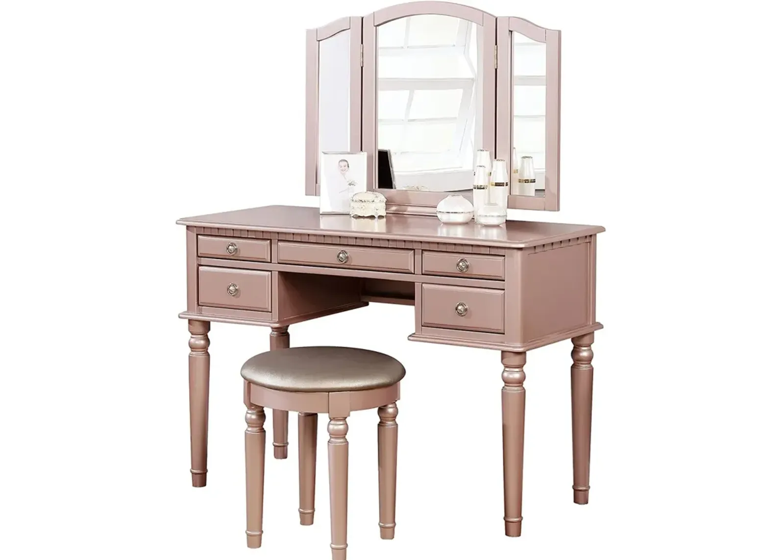 Bedroom Contemporary Vanity Set W Foldable Mirror Stool Drawers Rose Color