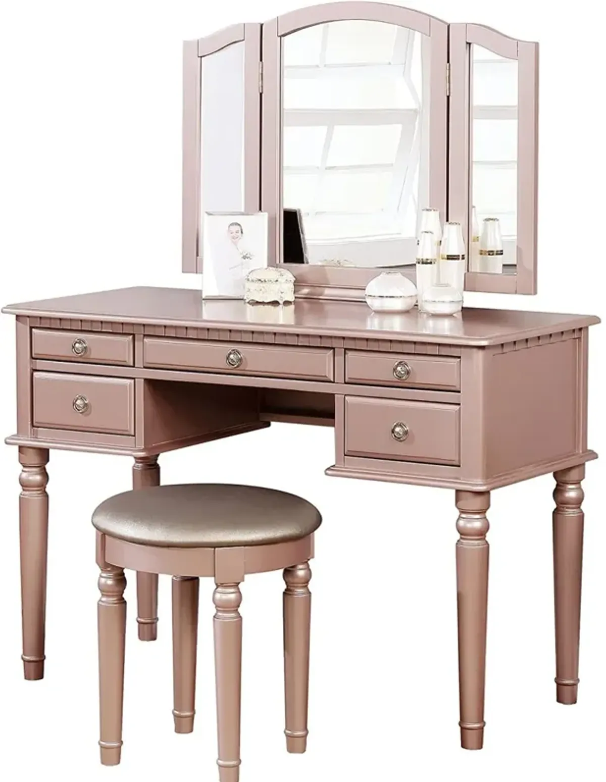 Bedroom Contemporary Vanity Set W Foldable Mirror Stool Drawers Rose Color