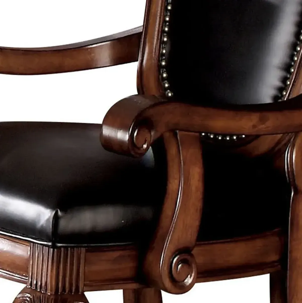 Loki 28 Inch Dining Armchair, Nailhead Trim, Faux Leather, Set of 2, Brown-Benzara