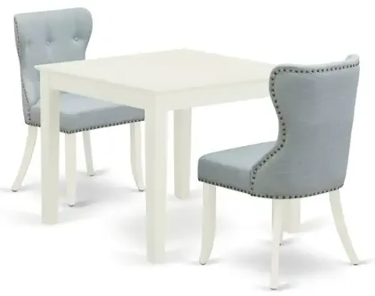 East-West Furniture OXSI3-LWH-15 - A dining room table set of 2 great dining room chairs with Linen Fabric Baby Blue color and a gorgeous wood table with Linen White color