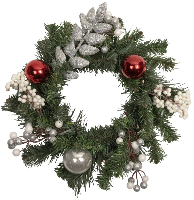 16" Pre-Lit Decorated Green Pine Artificial Christmas Wreath  Warm White LED Lights