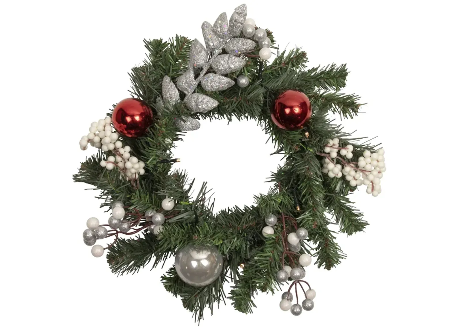 16" Pre-Lit Decorated Green Pine Artificial Christmas Wreath  Warm White LED Lights