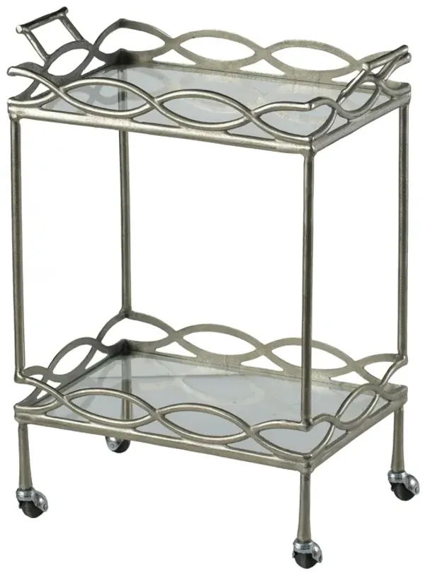 30 Inch Aluminum Bar Cart, 2 Tier Glass Shelves, Dynamic Accents, Silver-Benzara
