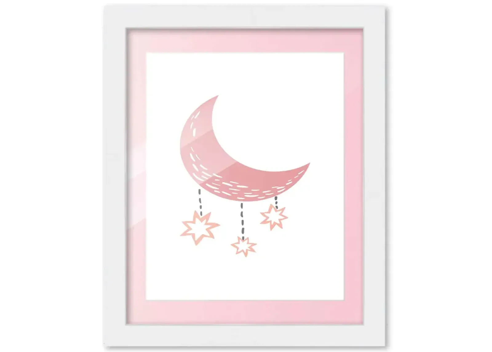 8x10 Framed Nursery Wall Art Boho Galaxy Moon Poster in Pink with Soft Pink Mat in a 10x12 White Wood Frame