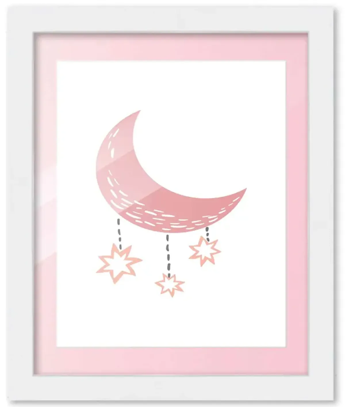 8x10 Framed Nursery Wall Art Boho Galaxy Moon Poster in Pink with Soft Pink Mat in a 10x12 White Wood Frame