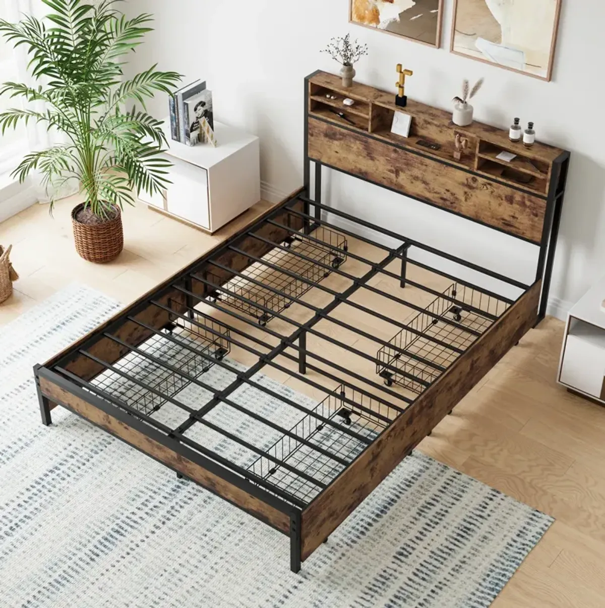 Queen Bed Frame With Storage Headboard And 4 Drawers