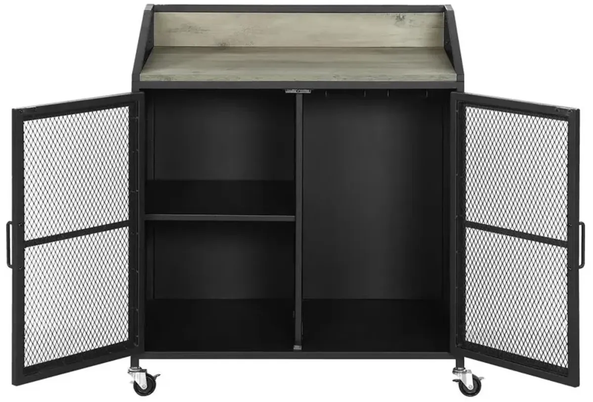 Arlette Wine Cabinet with Wire Mesh Doors Grey Wash and Sandy Black