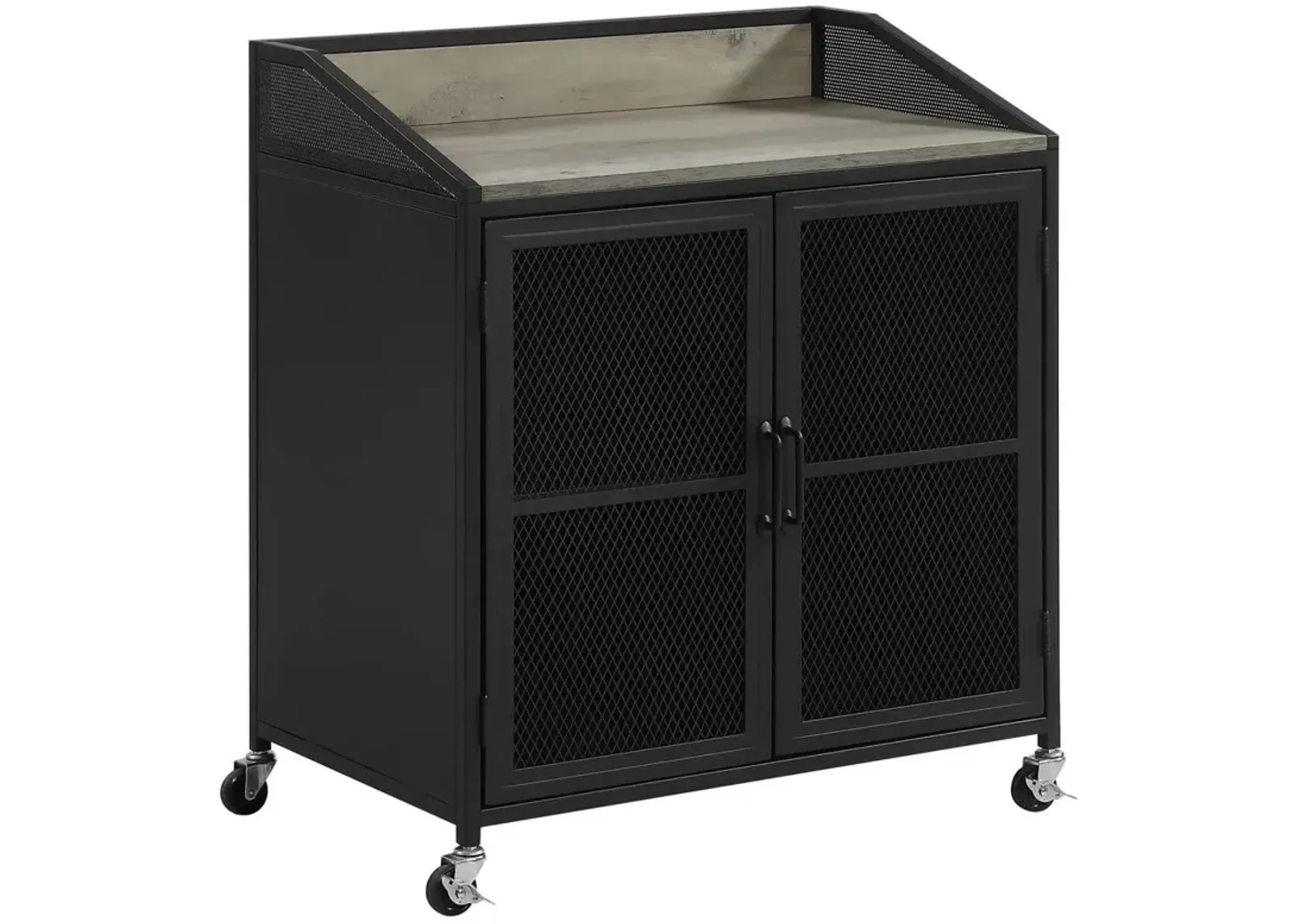 Arlette Wine Cabinet with Wire Mesh Doors Grey Wash and Sandy Black