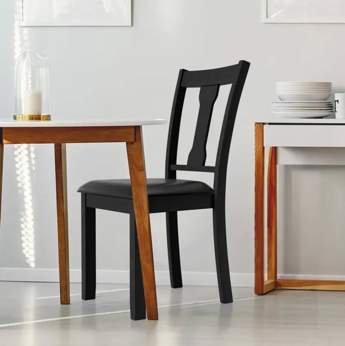 Set of 2 Dining Room Chair with Rubber Wood Frame and Upholstered Padded Seat-Black