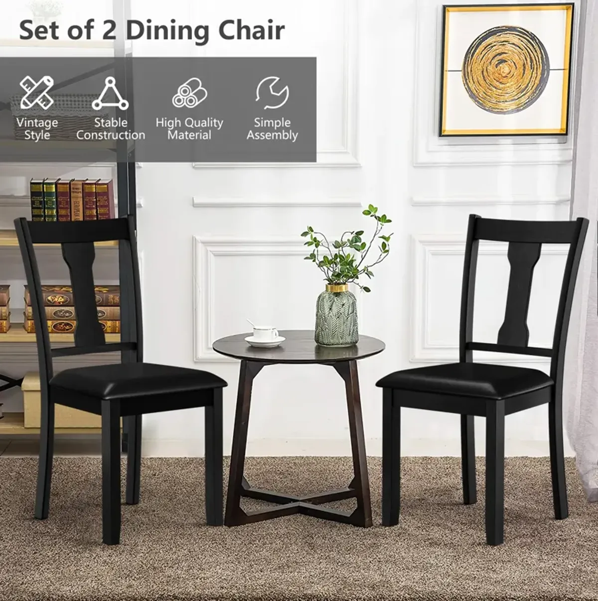 Set of 2 Dining Room Chair with Rubber Wood Frame and Upholstered Padded Seat-Black