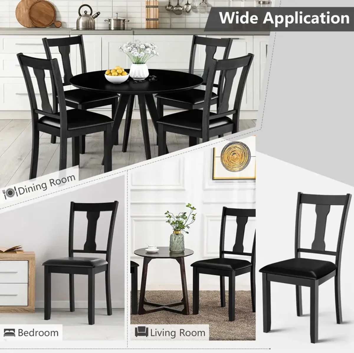 Set of 2 Dining Room Chair with Rubber Wood Frame and Upholstered Padded Seat-Black