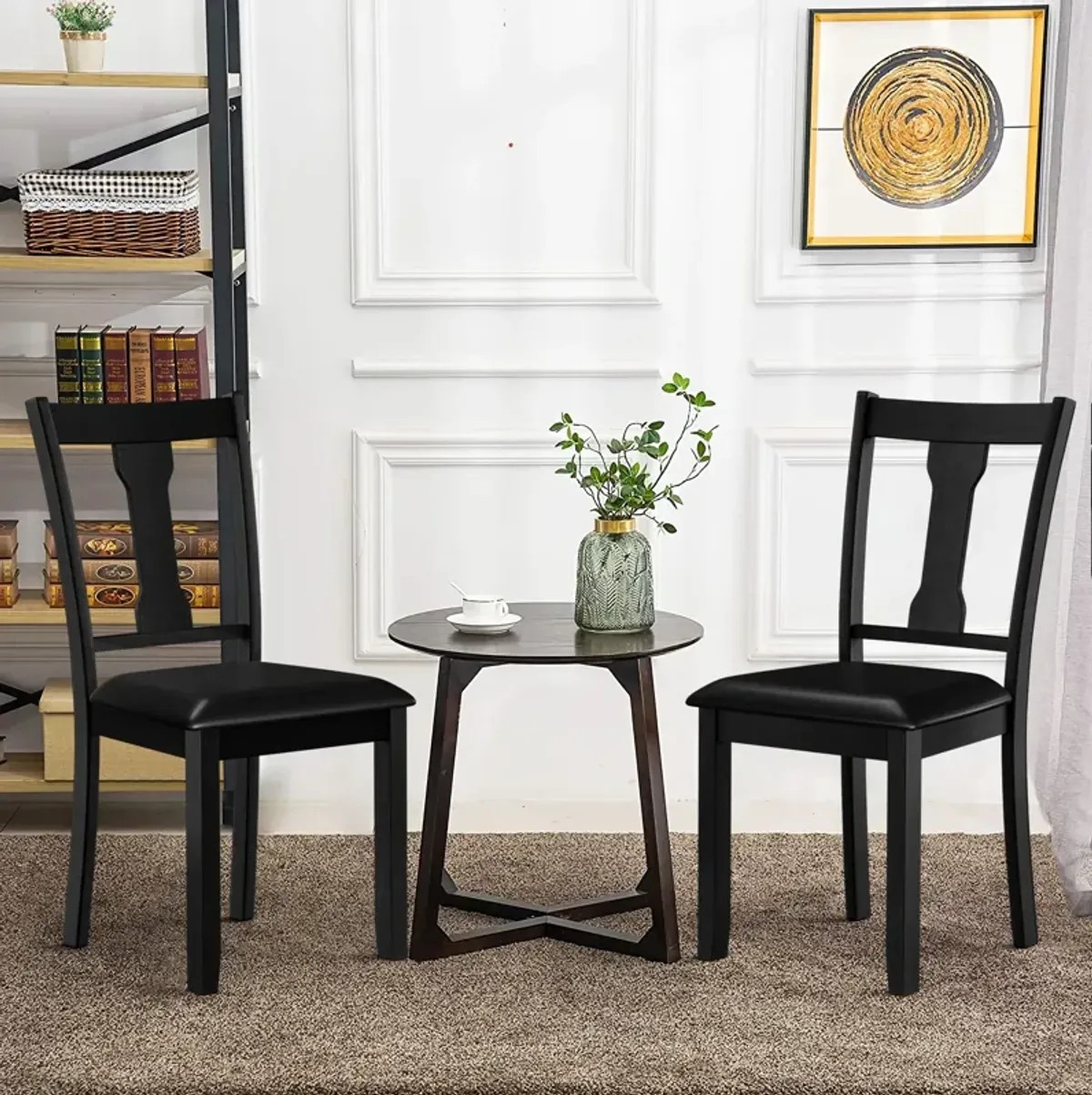 Set of 2 Dining Room Chair with Rubber Wood Frame and Upholstered Padded Seat-Black