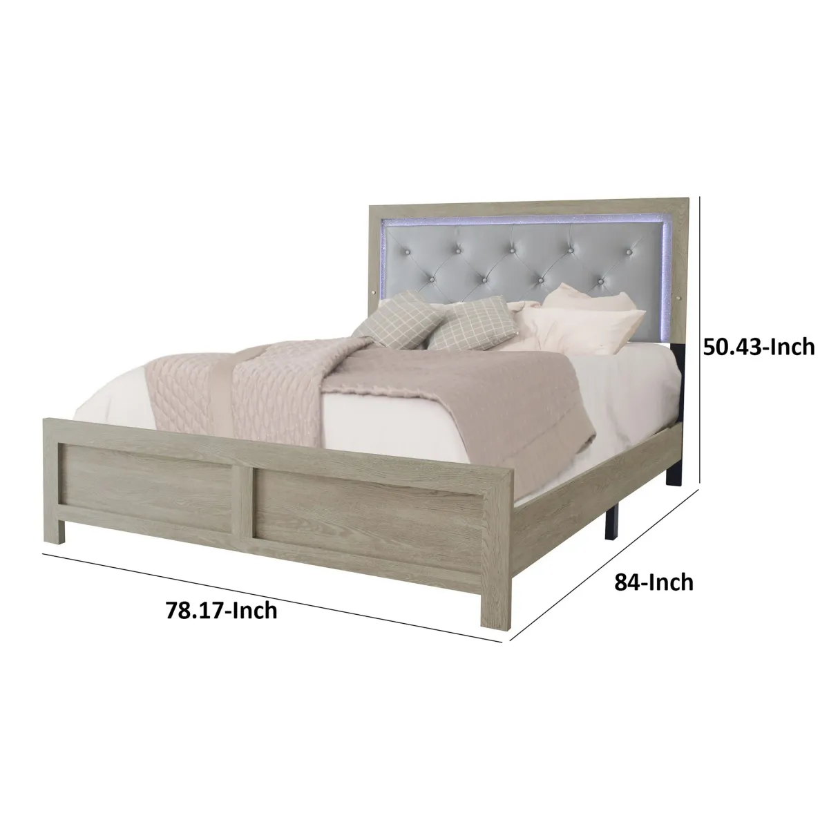 Ancy King Size Bed, Tufted and Upholstered Headboard, Light Gray Finish - Benzara