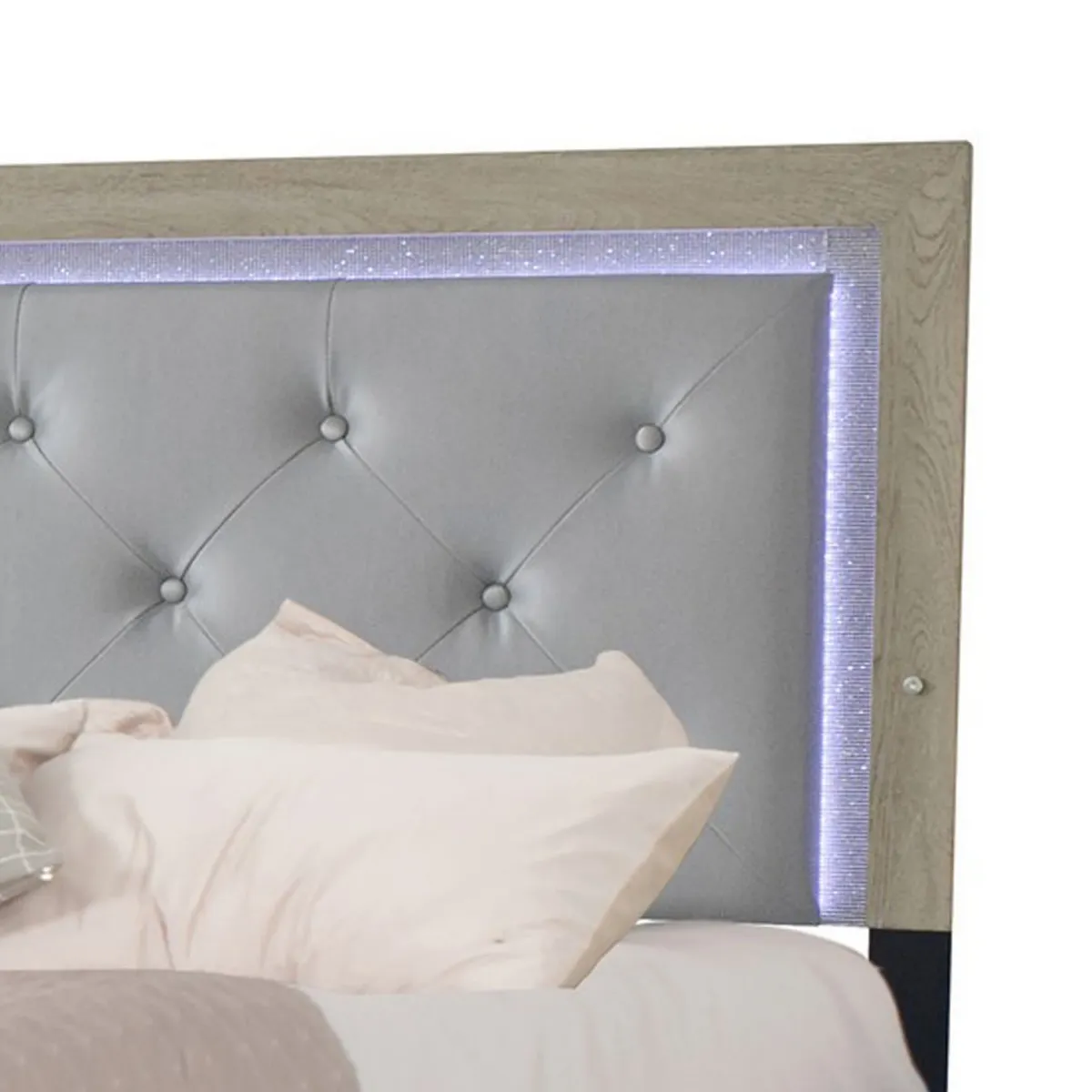 Ancy King Size Bed, Tufted and Upholstered Headboard, Light Gray Finish - Benzara