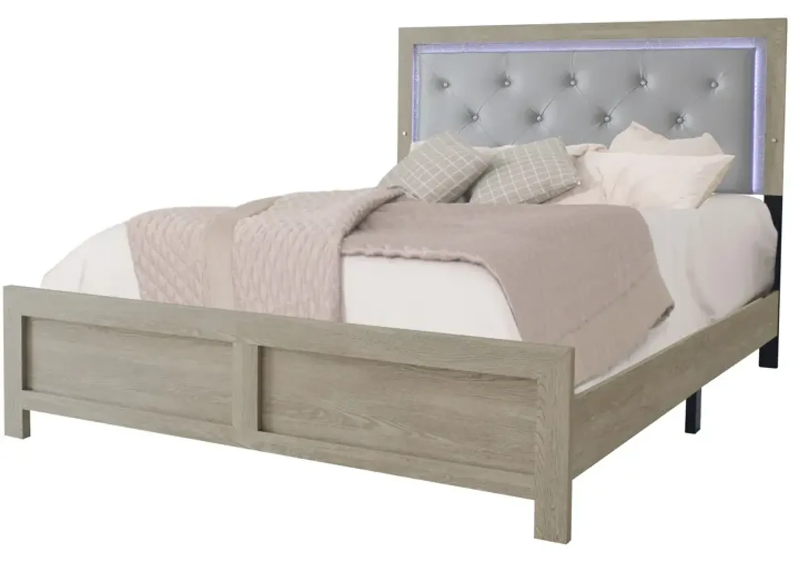 Ancy King Size Bed, Tufted and Upholstered Headboard, Light Gray Finish - Benzara