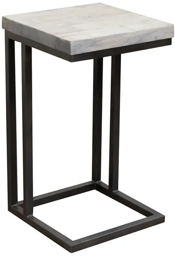 Tina Side End Table, Square White 15 Inch Wood Top, C Shape, Black Metal - Benzara