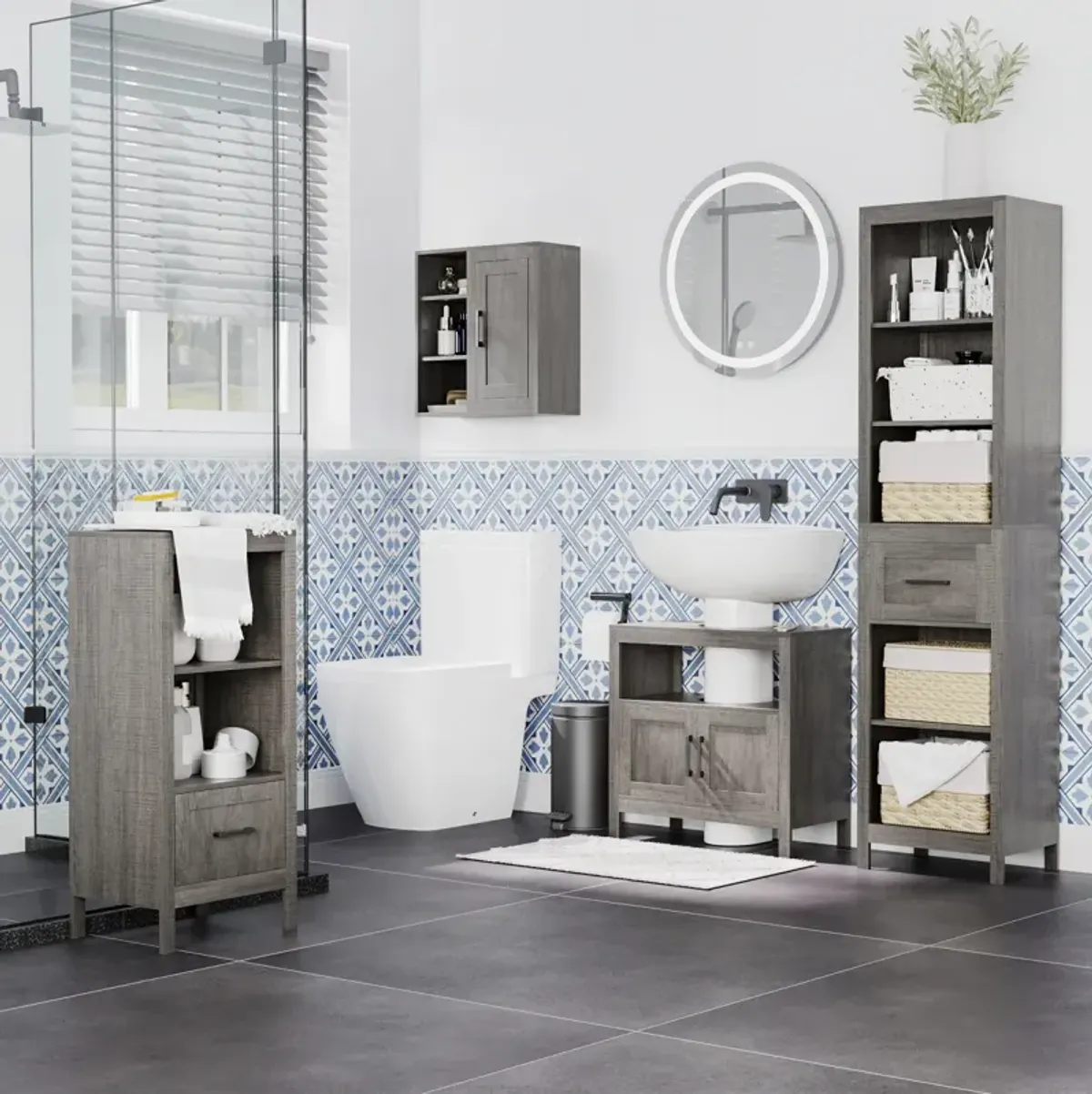 Gray Bathroom Storage Cabinet with 2 Doors & Shelf