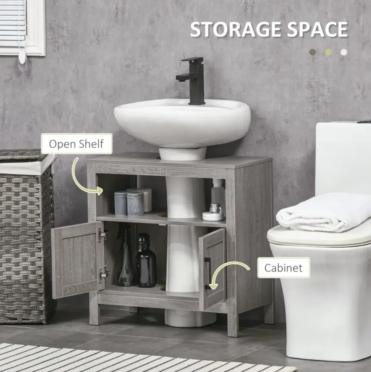 Gray Bathroom Storage Cabinet with 2 Doors & Shelf