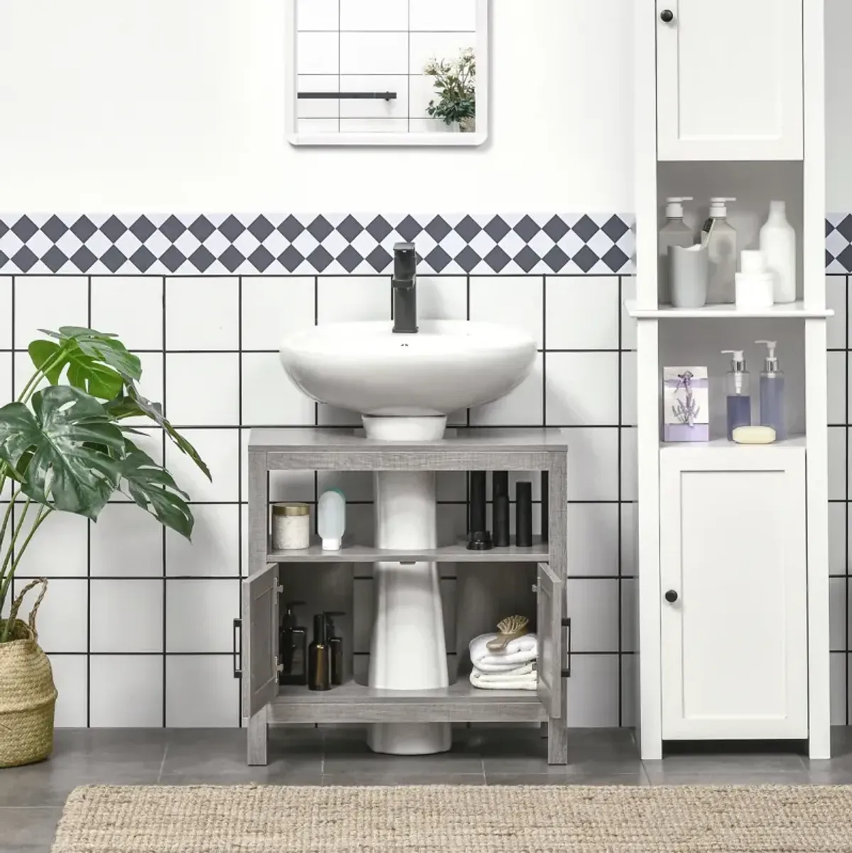 Gray Bathroom Storage Cabinet with 2 Doors & Shelf