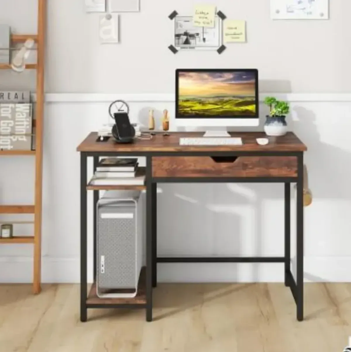 Computer Desk with Charging Station and Drawer & Adjustable Shelf-Rustic Brown