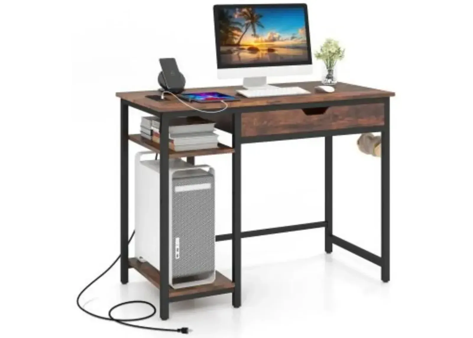 Computer Desk with Charging Station and Drawer & Adjustable Shelf-Rustic Brown