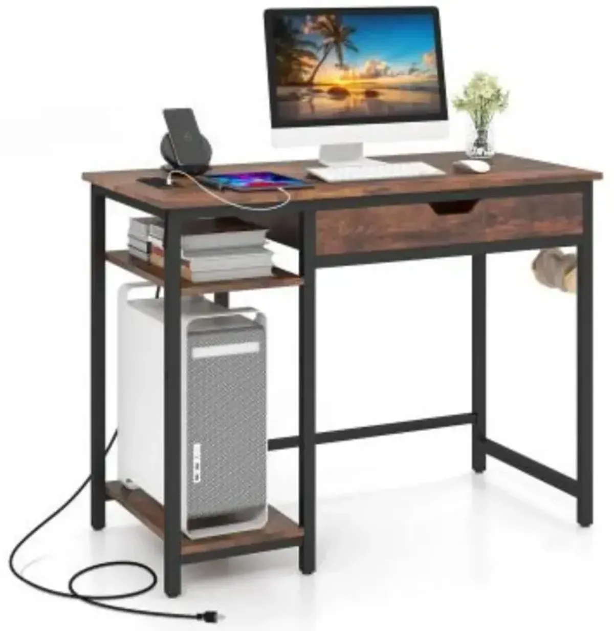 Computer Desk with Charging Station and Drawer & Adjustable Shelf-Rustic Brown