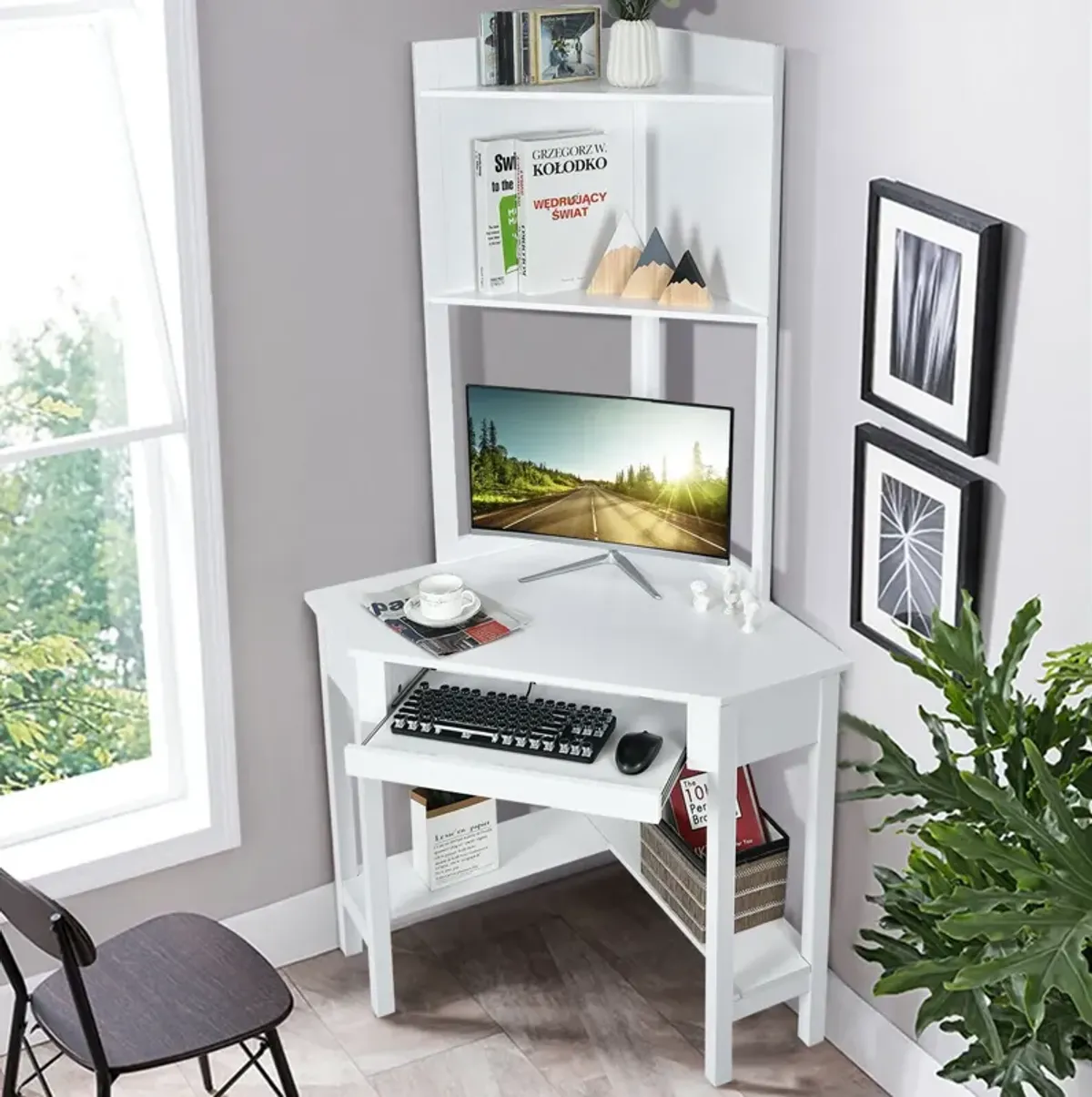 Corner Computer Desk with Hutch and Storage Shelves