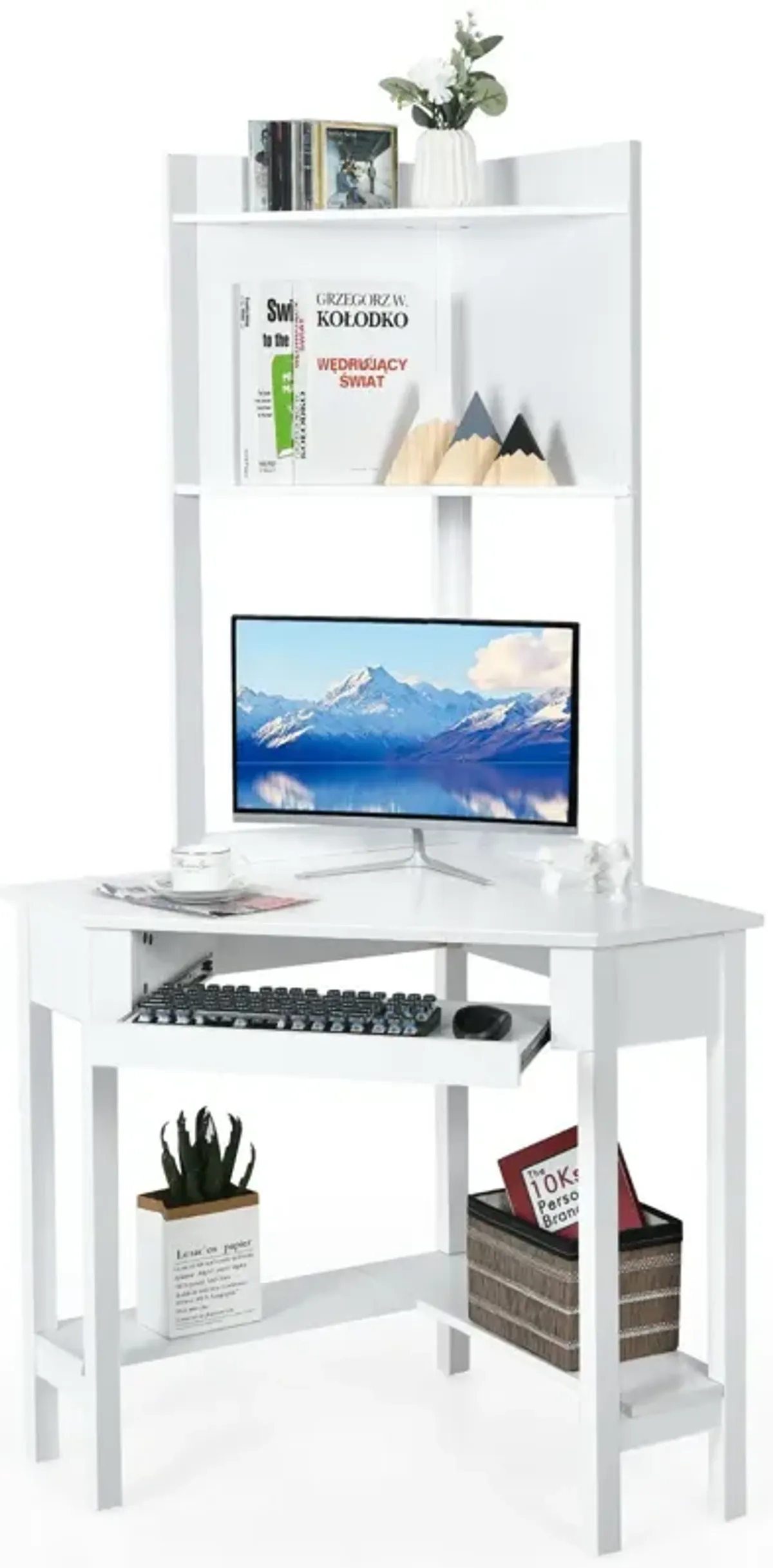 Corner Computer Desk with Hutch and Storage Shelves