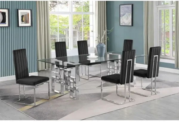 7-piece glam dining set with 6 Black chairs and one 95" glass  table