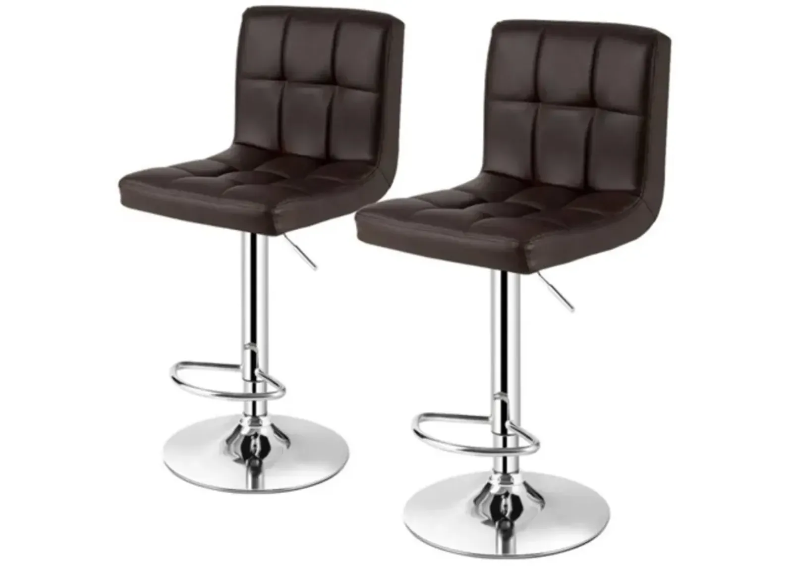 Set of 2 Modern Adjustable Height Barstools with Brown PU Leather Swivel Seat