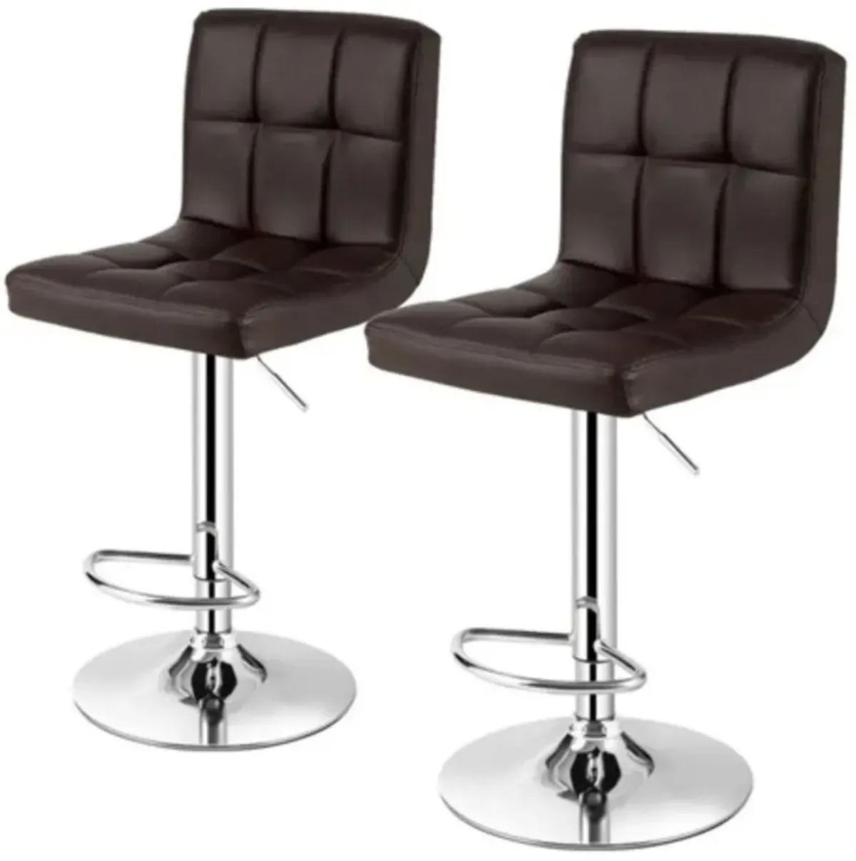 Set of 2 Modern Adjustable Height Barstools with Brown PU Leather Swivel Seat