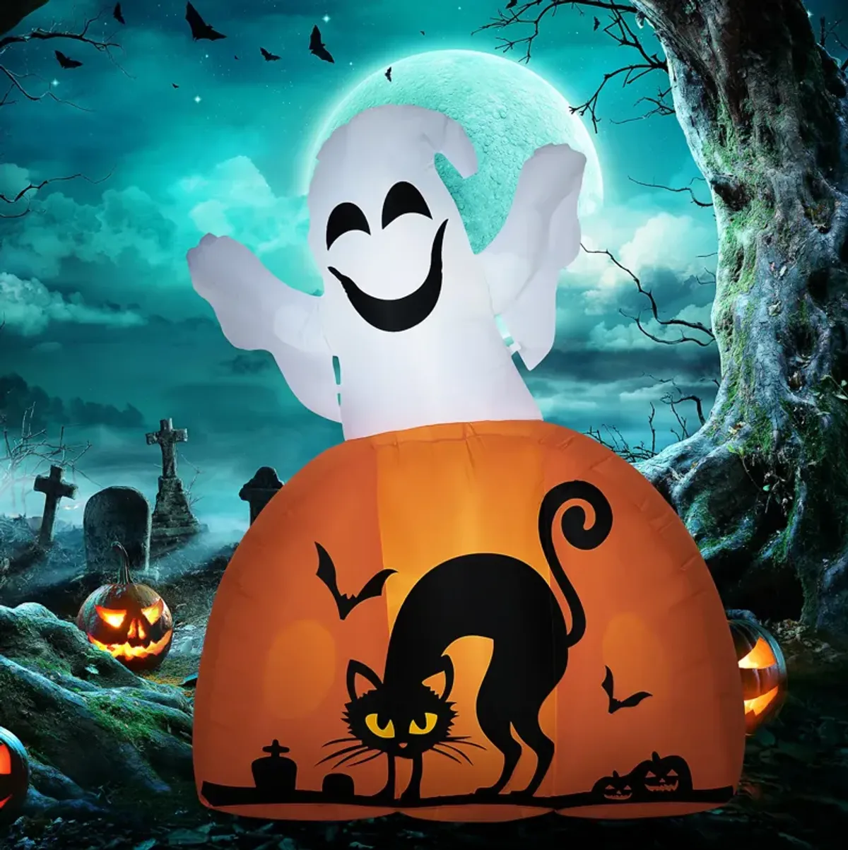 HOMCOM 5FT Halloween Inflatable Ghost with Pumpkin Base and LED Lights