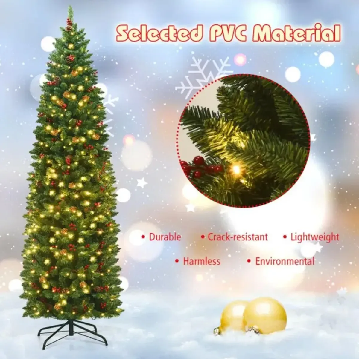 Hivvago 7.5 Feet Pre-lit Hinged Pencil Christmas Tree with Pine Cones Red Berries