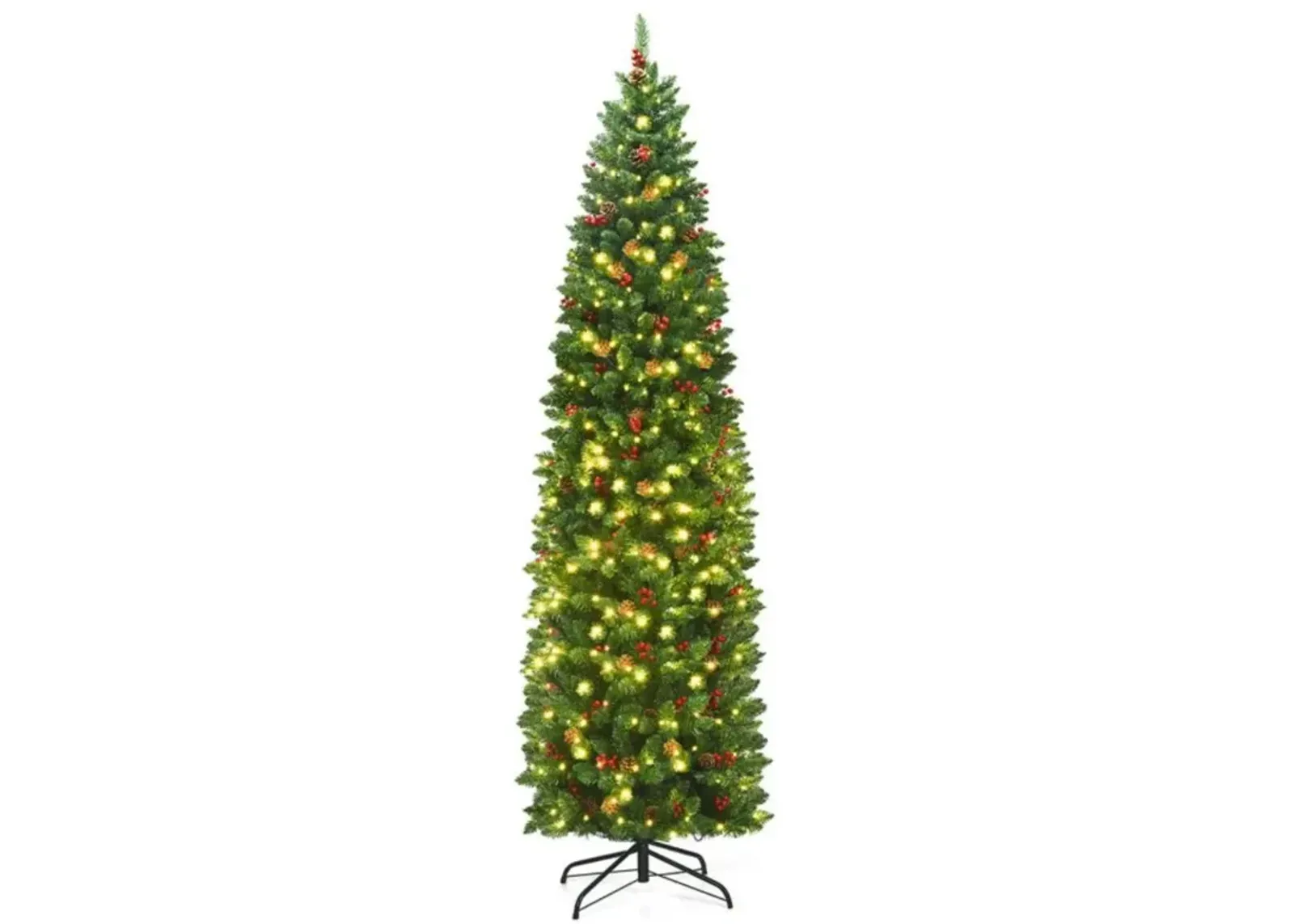 Hivvago 7.5 Feet Pre-lit Hinged Pencil Christmas Tree with Pine Cones Red Berries