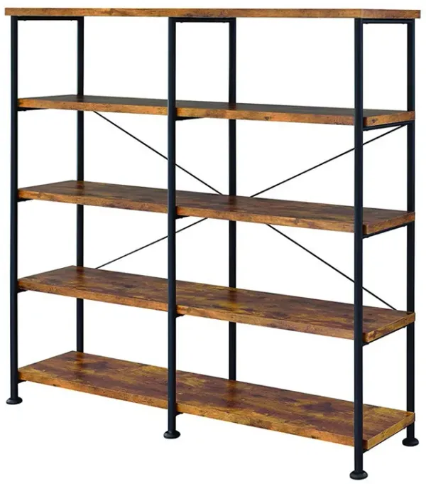 63 Inch Industrial 4 Tier Shelf Bookshelf, Particleboard, Metal Frame, Brown, Black-Benzara