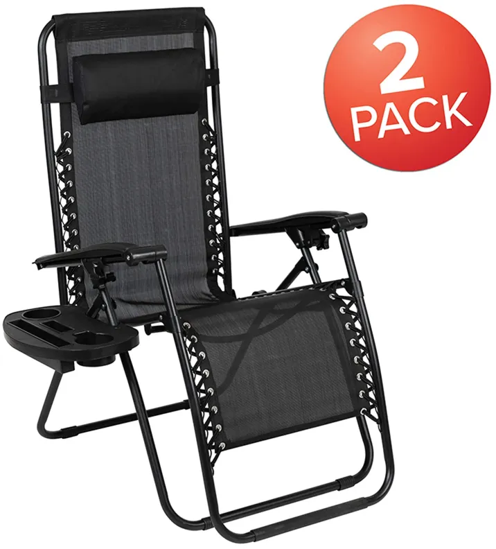 Flash Furniture Celestial Adjustable Folding Mesh Zero Gravity Reclining Lounge Chair with Pillow and Cup Holder Tray in Black, Set of 2